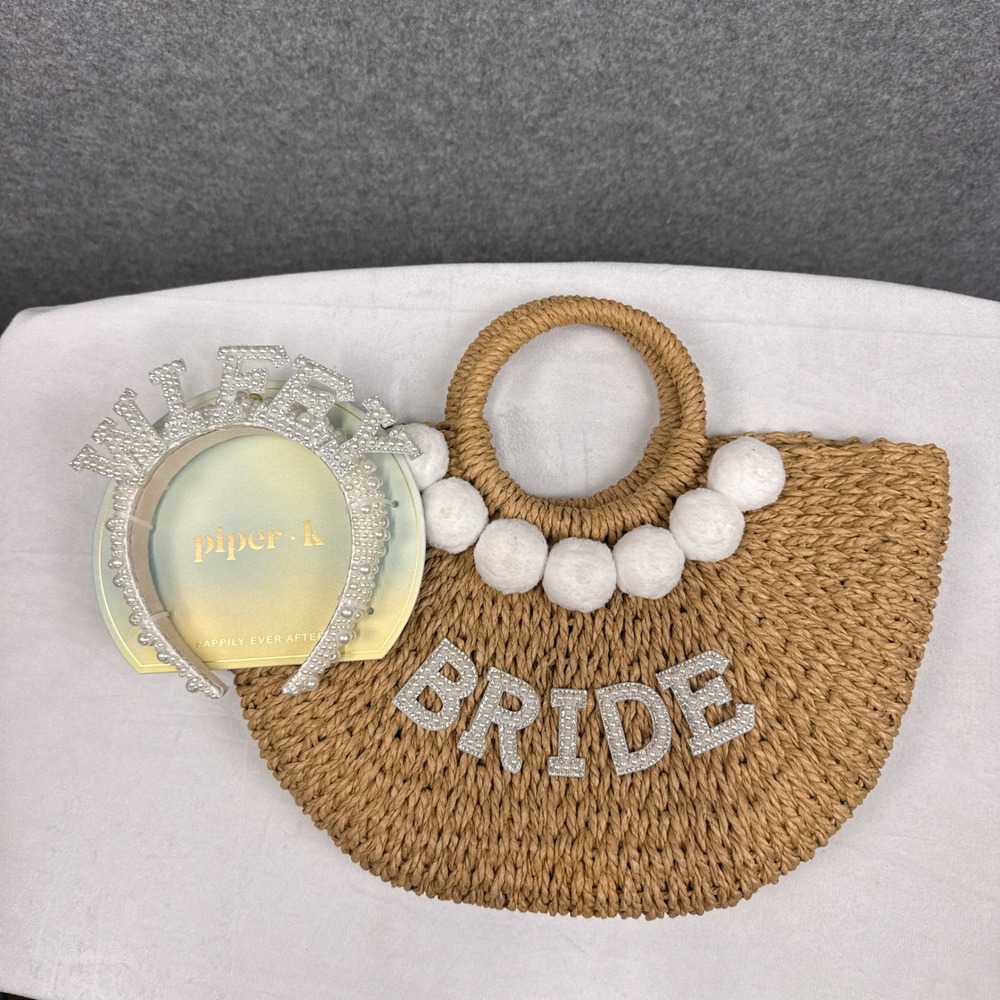 Piper K Bride Straw Tote Bag and Wifey Pearl Headband Set Tan White OS
